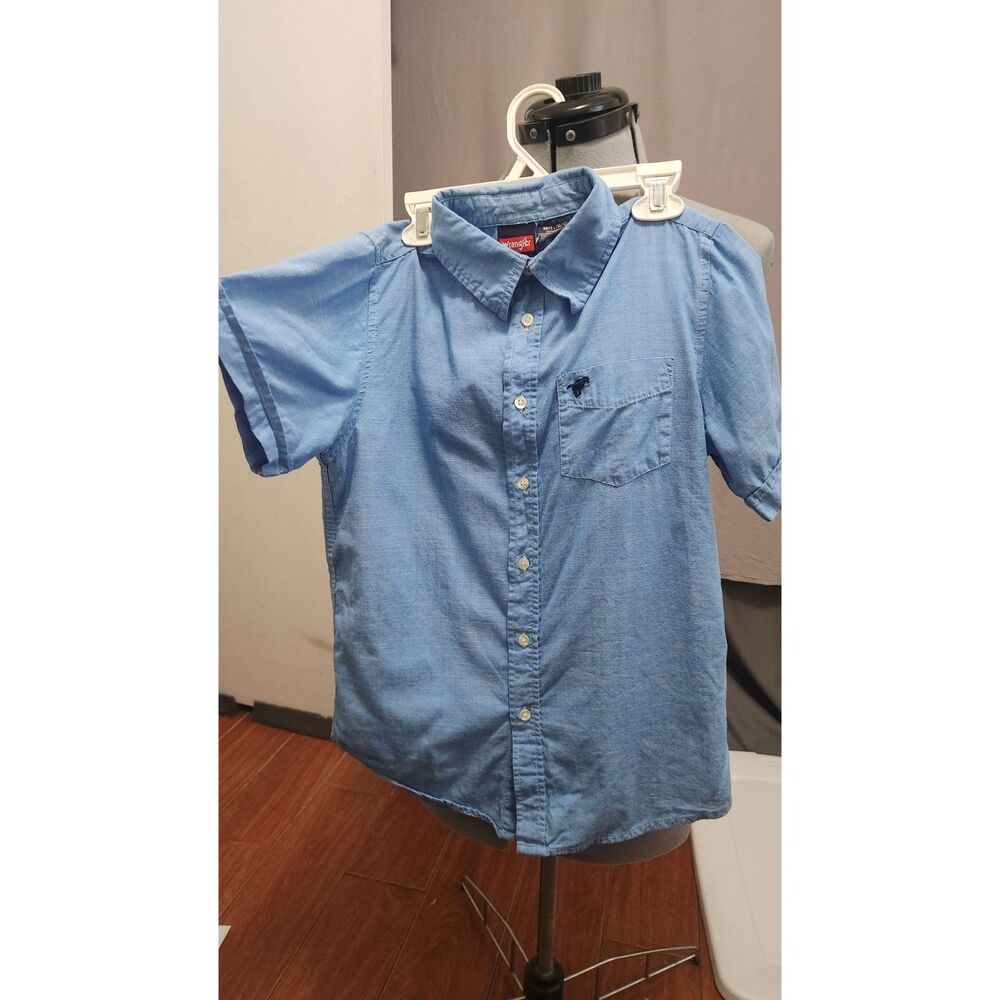 Wrangler Boys Short Sleeve Button Down Chambray Shirt Light Blue Size L (10/12)